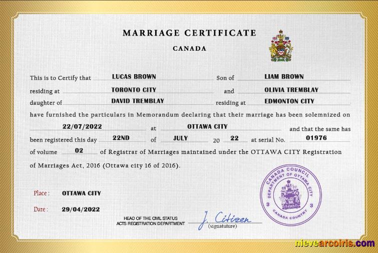 Canada marriage certificate